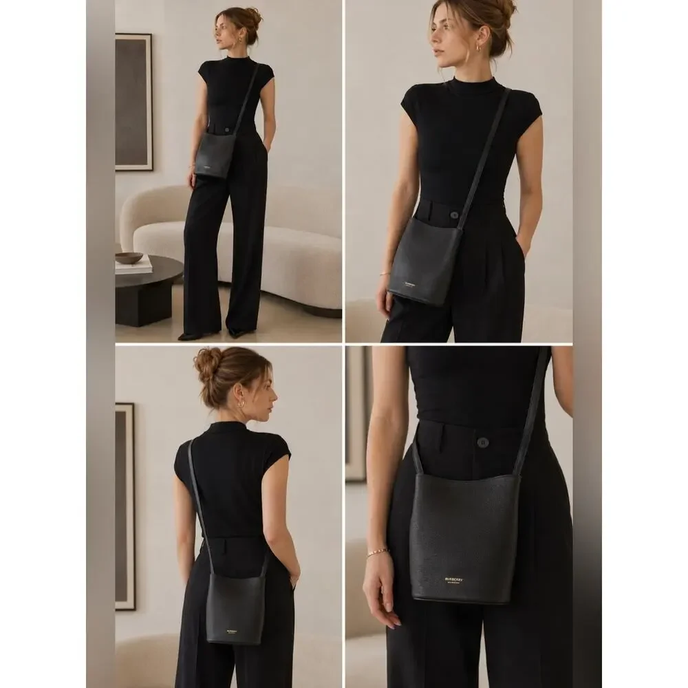 Burberry Black Leather Bucket Bag with Check Strap
